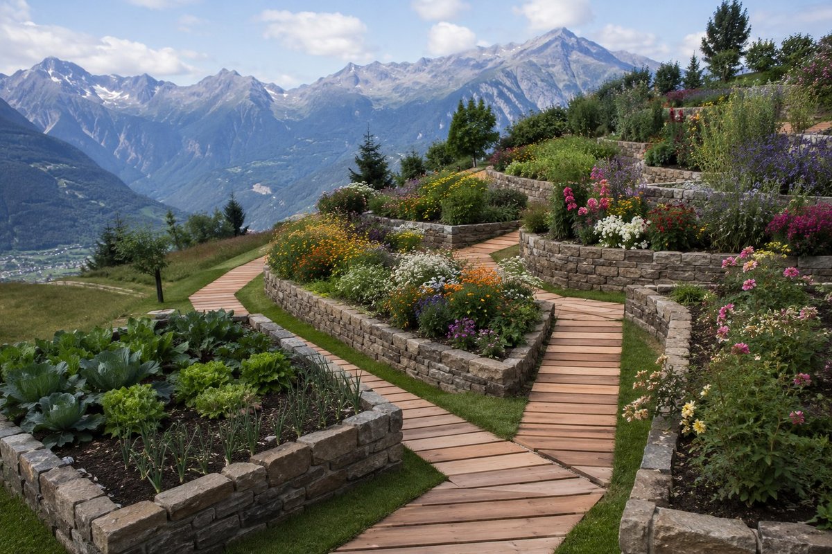 Alpix Bodendielen aus FSC-Lärchenholz als Gartenweg zwischen Beeten mit Alpenpanorama