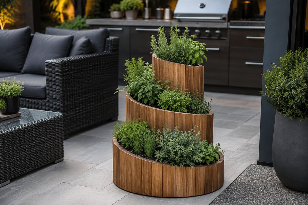 Kräuterspirale Herby aus FSC-Lärchenholz mit Kräuterbepflanzung auf einer Terrasse